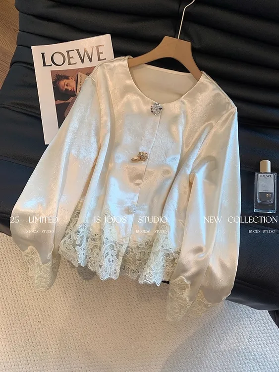 新中式蕾丝醋酸缎面衬衫女装秋季高级感慵懒温柔国风长袖外套上衣