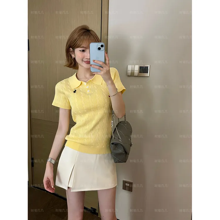 新款POLO翻领短袖百搭洋气小马刺绣麻花设计感针织针织短袖上衣