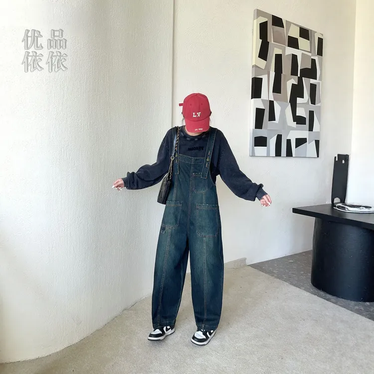 复古减龄牛仔背带裤女休闲宽松春季新款大码胖mm显瘦阔腿连体裤子