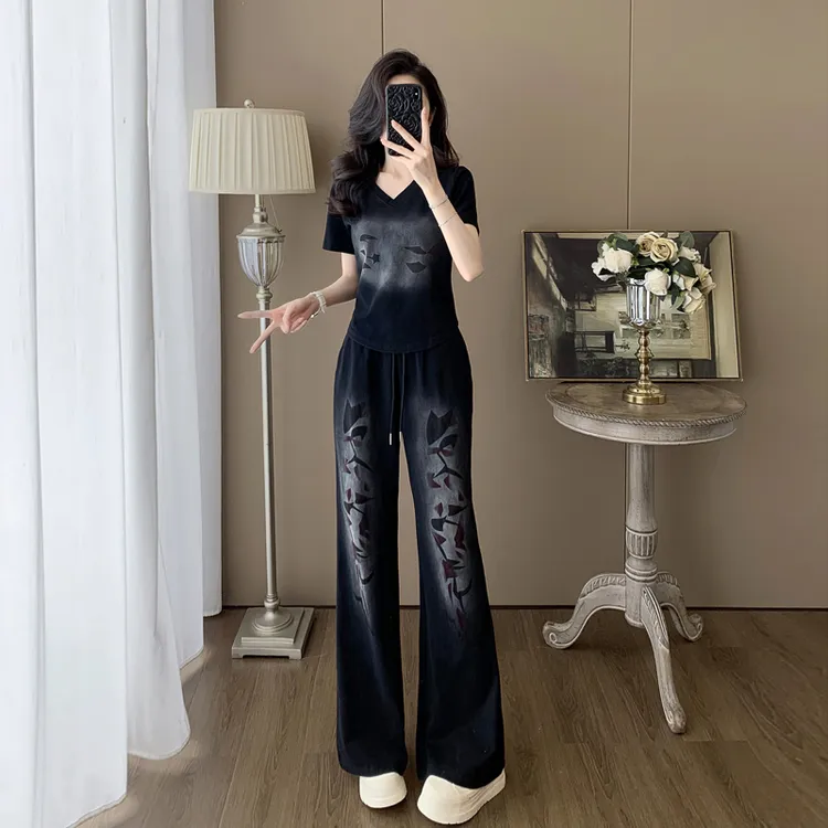 夏日穿搭休闲时尚减龄洋气运动扎染印花短袖阔腿裤两件套装女显瘦