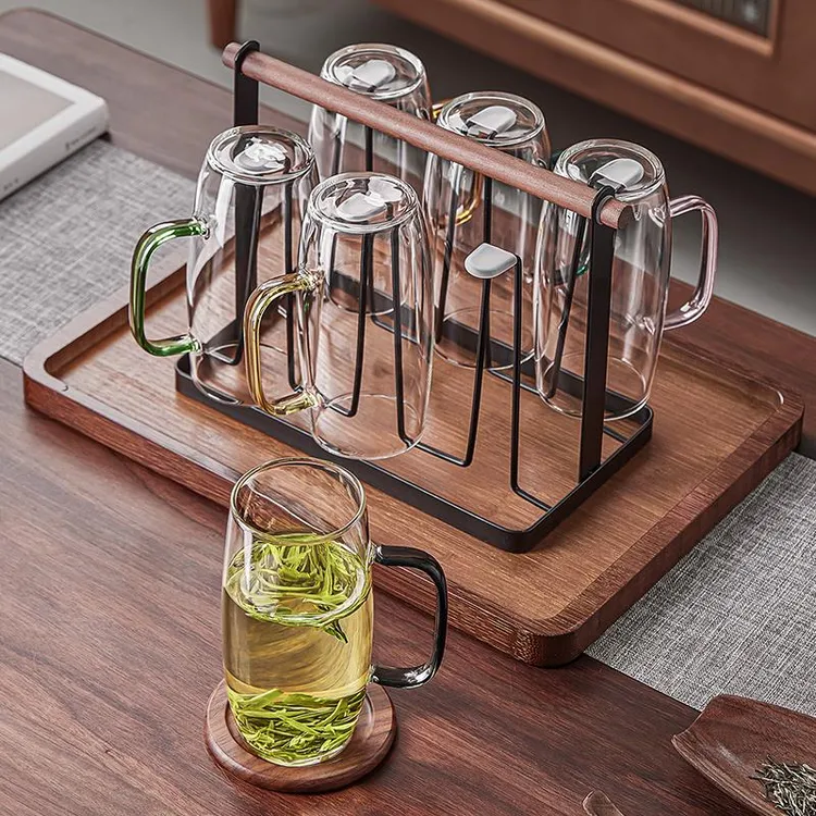 中式玻璃杯家用耐热带把手绿茶杯套装办公室待客男士泡茶喝水杯子