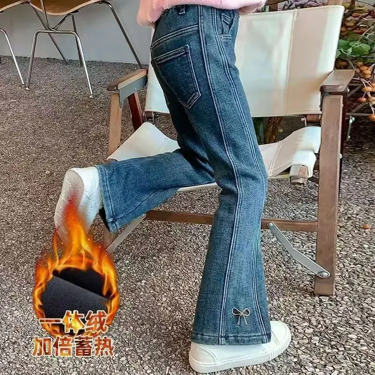 儿童牛仔裤女童加绒喇叭裤中大童2025秋冬款一体绒微喇弹力长裤