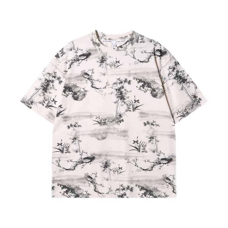 夏季高级感新款国风水墨花卉圆领短袖T恤休闲时尚宽松套头上衣