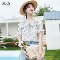慕兔甜美碎花蝴蝶结系带衬衫女2025夏季新款显瘦泡泡袖一字肩小衫
