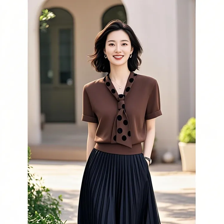 轻熟气质设计感咖色短袖T恤2025年女装春夏新款高级感系带上衣