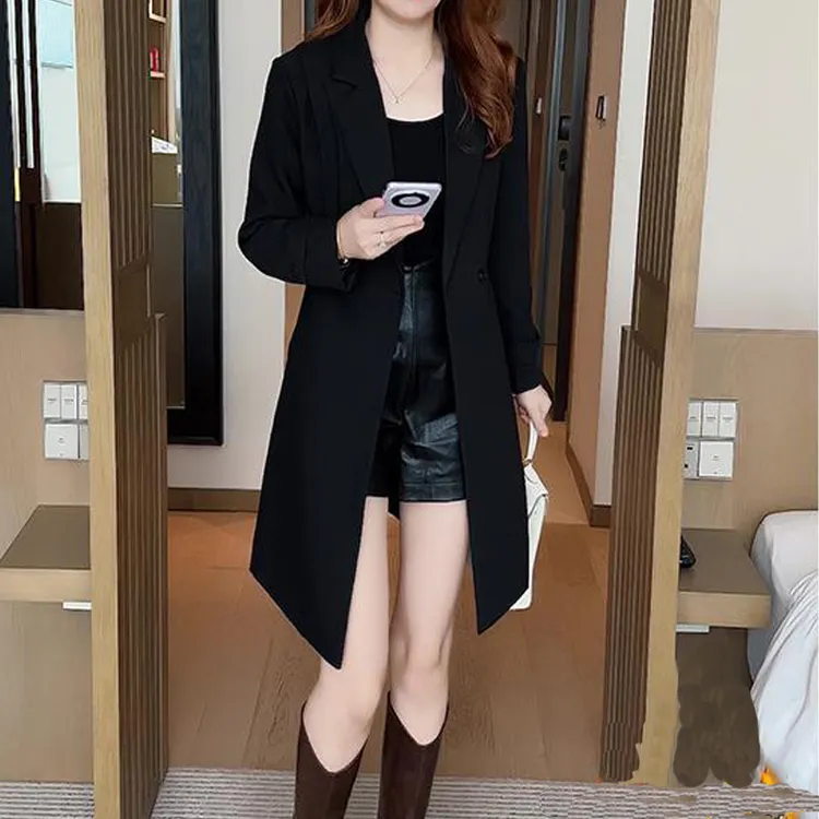 拉夏贝尔西装领风衣外套女中长款2025春秋新款高级感收腰显瘦大衣