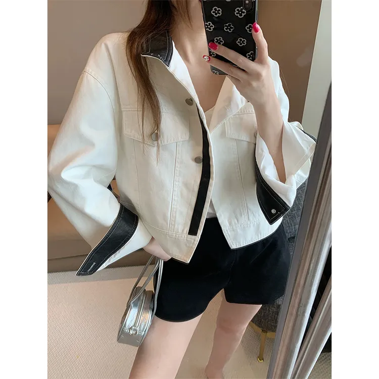 韩系黑白拼接PU皮立领短外套女秋新款高级时尚气质宽松夹克上衣潮