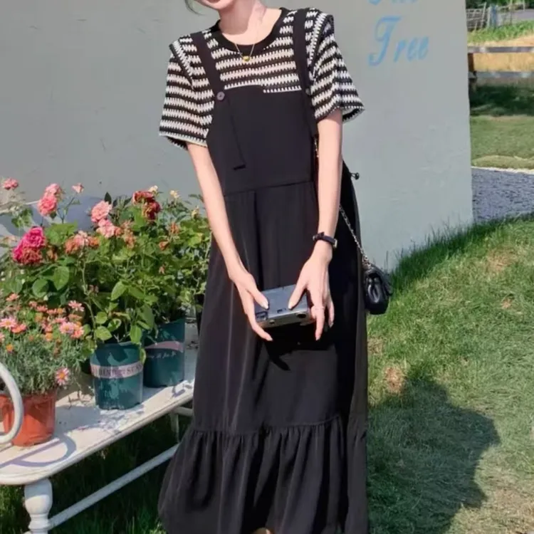 《大亭家》胖妹妹显瘦假两件圆领短袖连衣裙夏季宽松时尚拼接中长裙