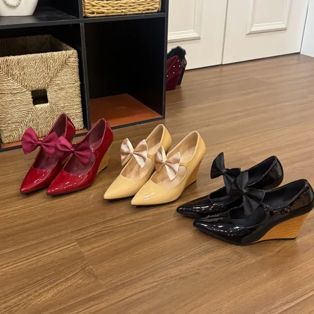 9公分增高春秋新款蝴蝶结木纹跟尖头玛丽珍坡跟浅口高跟女单鞋