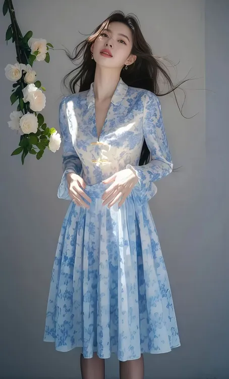 SS1100新中式蓝色印花衬衫别致漂亮高级感超好看国风盘扣连衣裙