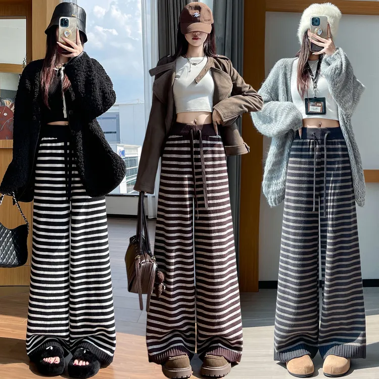 2822【裤长102】咖色毛线织裤2025冬复古高腰慵懒风直筒休闲阔腿裤