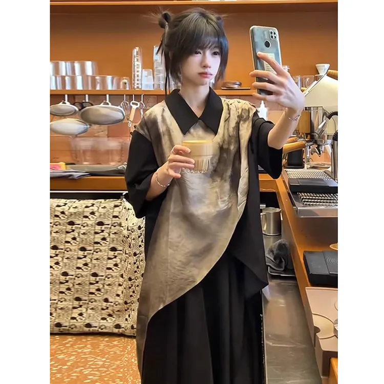 707同款新中式多形态门襟大码短袖衬衫男女小众印花穿搭衬衣上衣