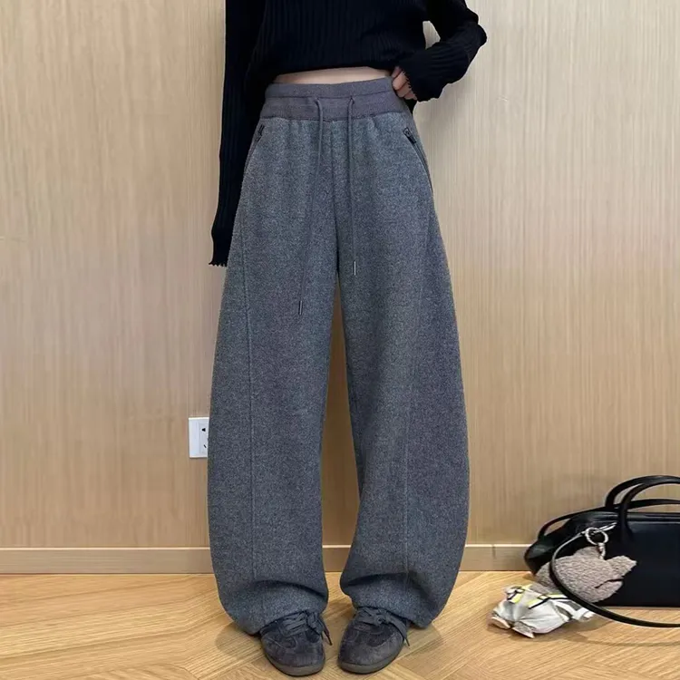 2025秋冬季新款加绒加厚弯刀休闲长裤时尚宽松显瘦阔腿卫裤子女