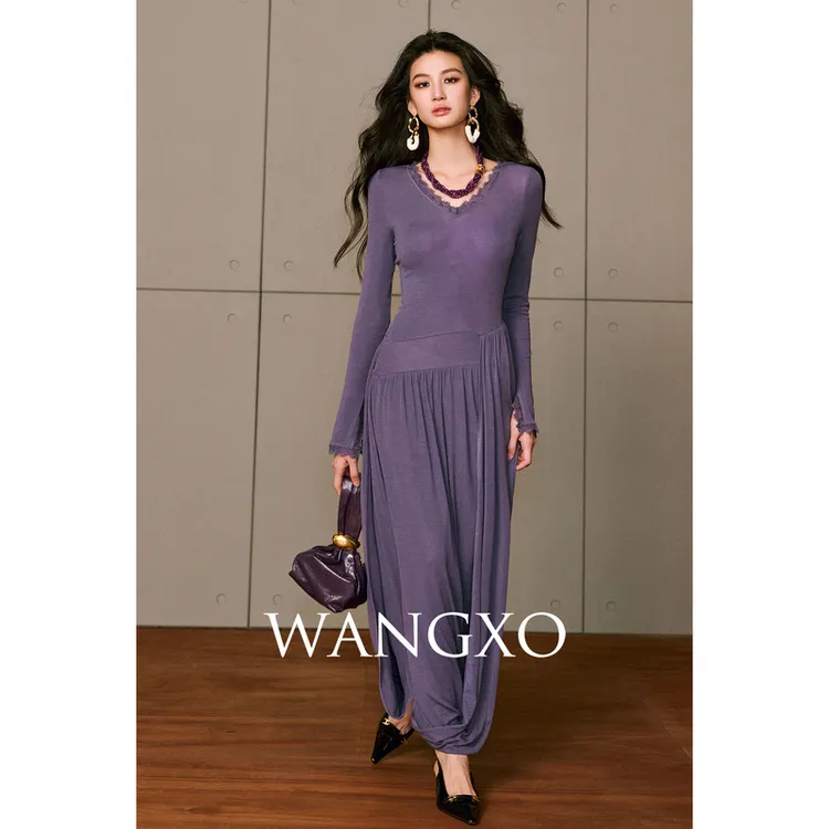 WANGXO 天丝羊毛抽皱蕾丝边花苞连衣裙 255935W