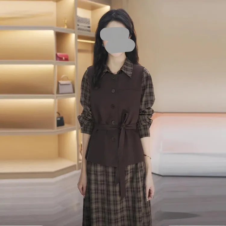 2025春秋季新款女士格子连衣裙马甲上衣两件套时尚长袖显瘦小套装