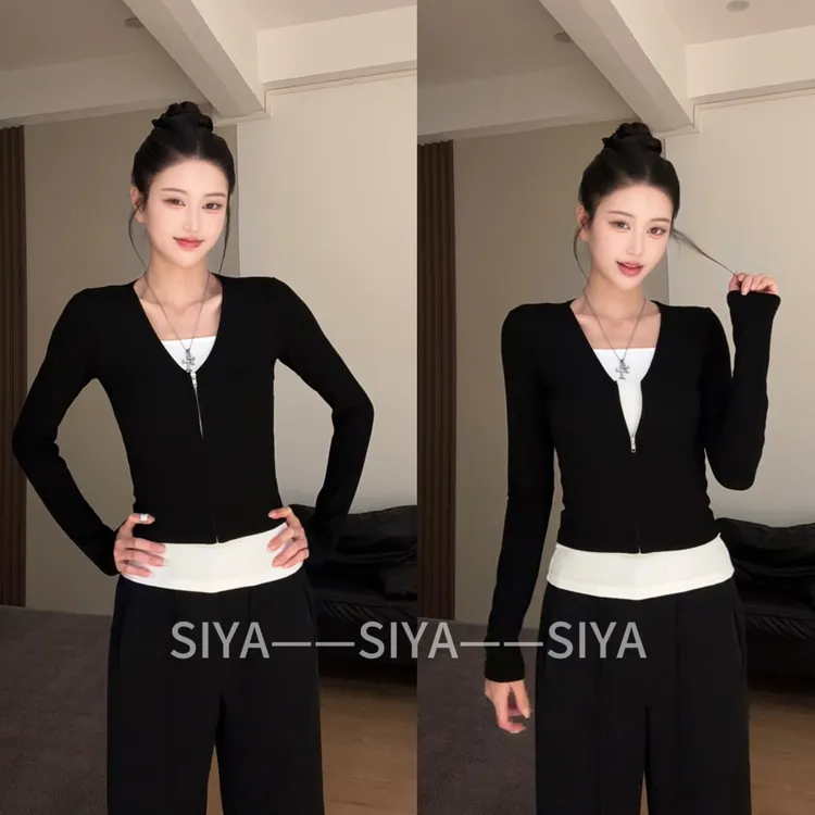 【SIYA】黑白撞色内搭打底衫长袖t恤女假两件小众设计感修身上衣