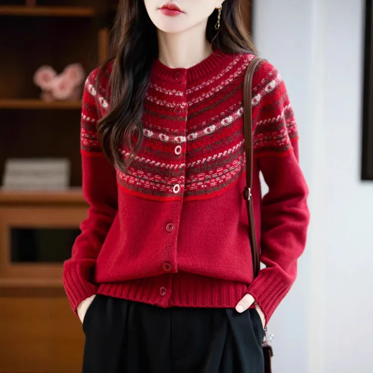浪漫秋冬感羊毛开衫女圆领针织提花拼色费尔岛图案毛衣外套25新款