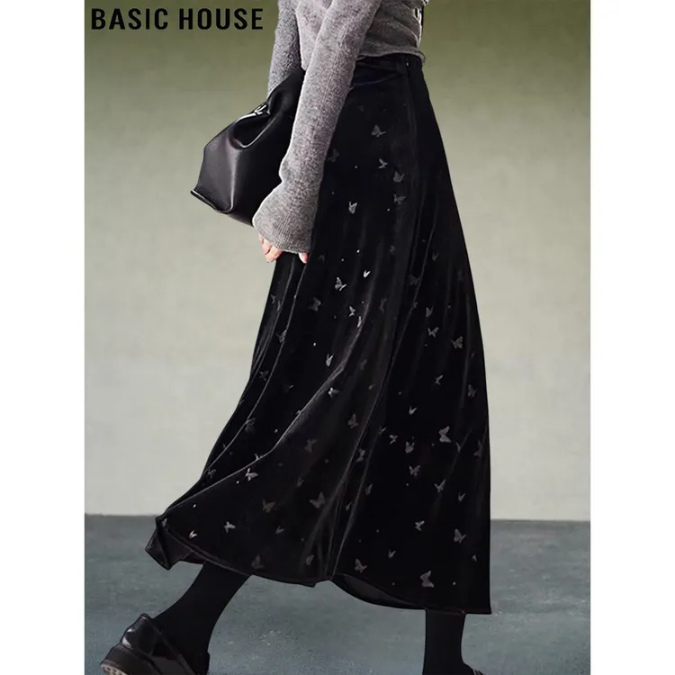 Basic House/百家好高级感丝绒蝴蝶半身裙女士2025秋冬大摆A字裙