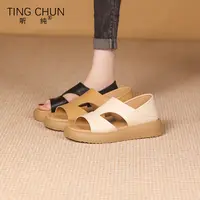 听纯66019-1夏季2025露趾真皮凉鞋舒适时尚复古百搭平底防滑休闲