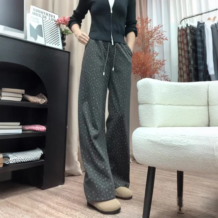 复古波点抽绳阔腿裤女2025秋季新款垂感显瘦宽松百搭休闲直筒长裤