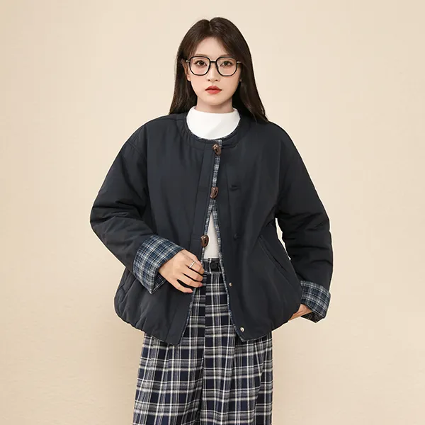 燕苹秋冬季新款时尚复古厚款保暖U领极简风宽松夹克短外套LH25139