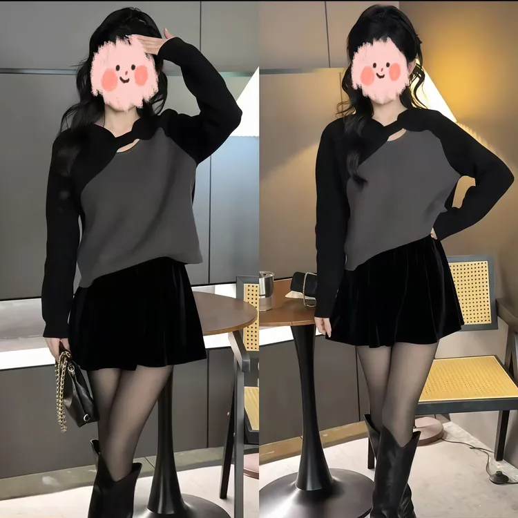 韩版洋气软糯拼接假两件撞色镂空针织衫毛衣半身裙两件套套装裙女