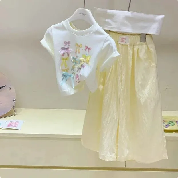 夏季女童套装韩薄款夏季休闲时髦小女孩森系儿童短款蝴蝶结阔腿裤
