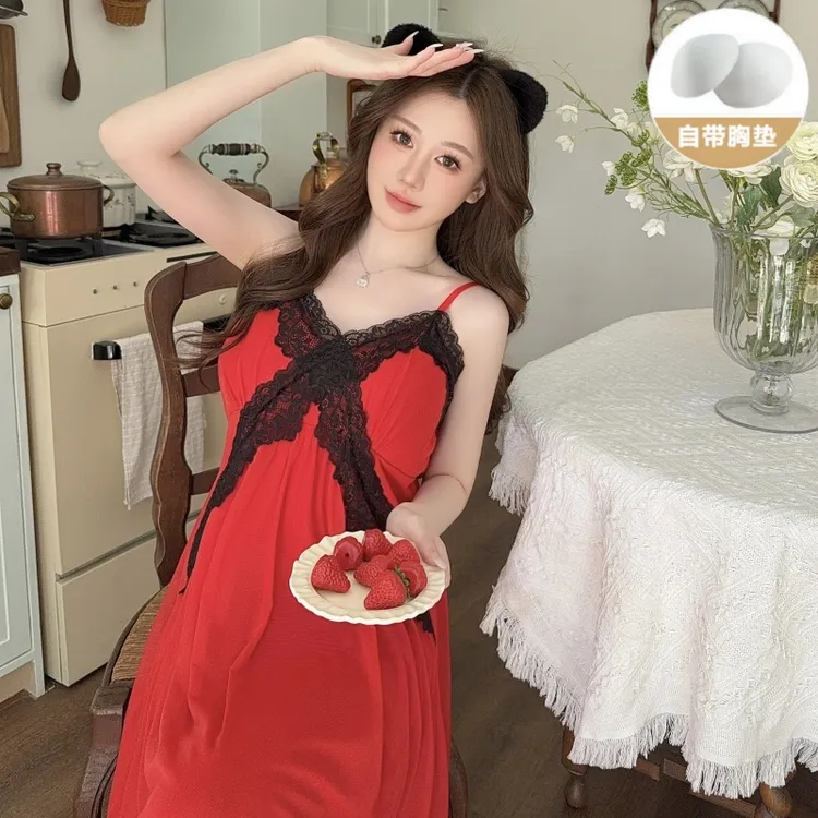 红色高档蕾丝吊带睡裙女夏季网纱薄款性感纯欲网红爆款睡衣带胸垫