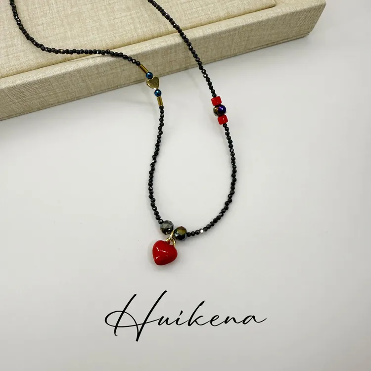   HUIKENA【小红心】原创车厘子秋冬酒红色百搭款项链NA103