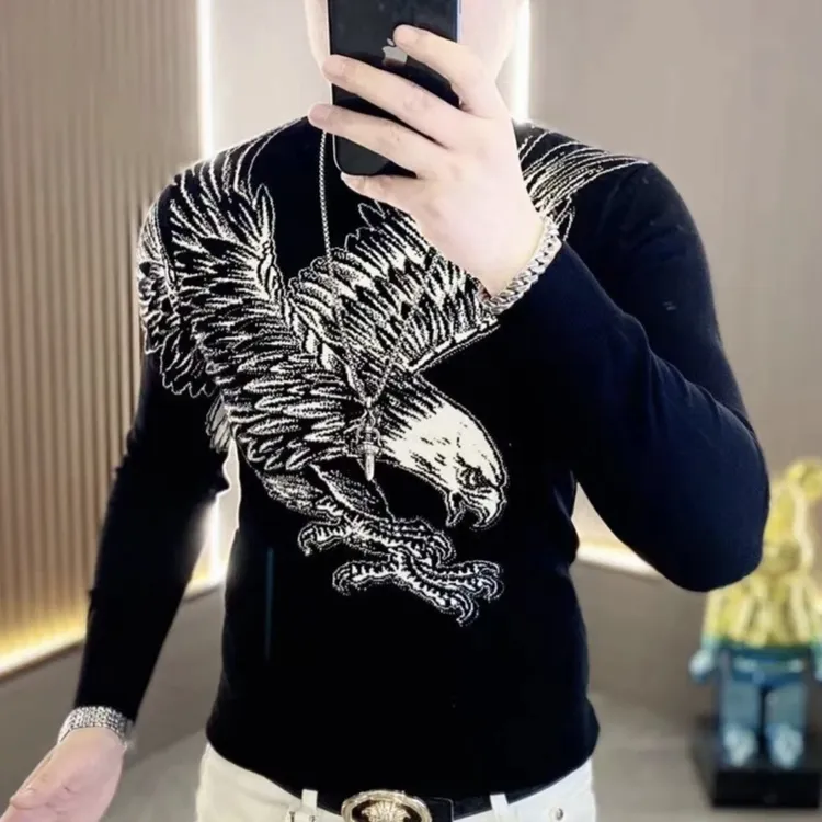 ECLONIAFON/埃卢涅芬秋冬时尚老鹰烫钻潮流修身圆领针织毛衣男