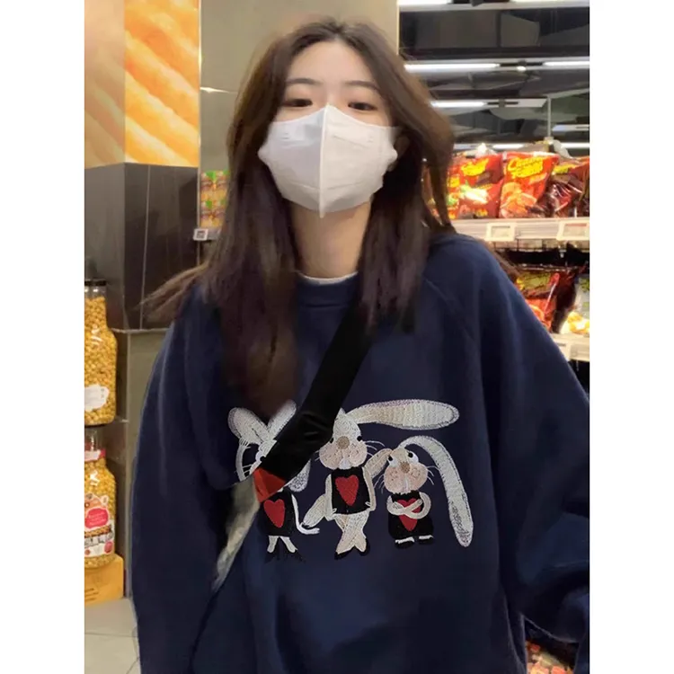 胖mm300斤韩系chic圆领卫衣女秋冬加绒高级感长袖ins山东即墨上衣