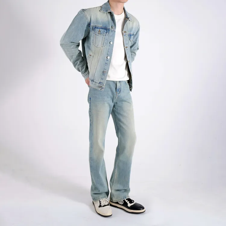 25984#秋冬美式复古磨白水洗浅蓝色净版百搭直筒微喇版型牛仔裤男