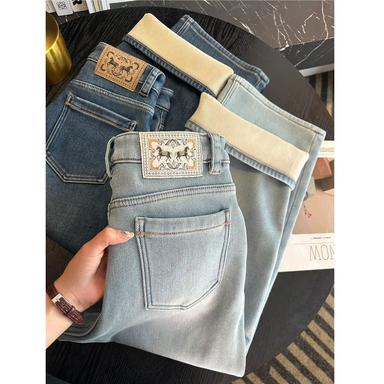 过冬必入~小个子加绒直筒牛仔裤女冬新款梨型身材显瘦阔腿九分裤