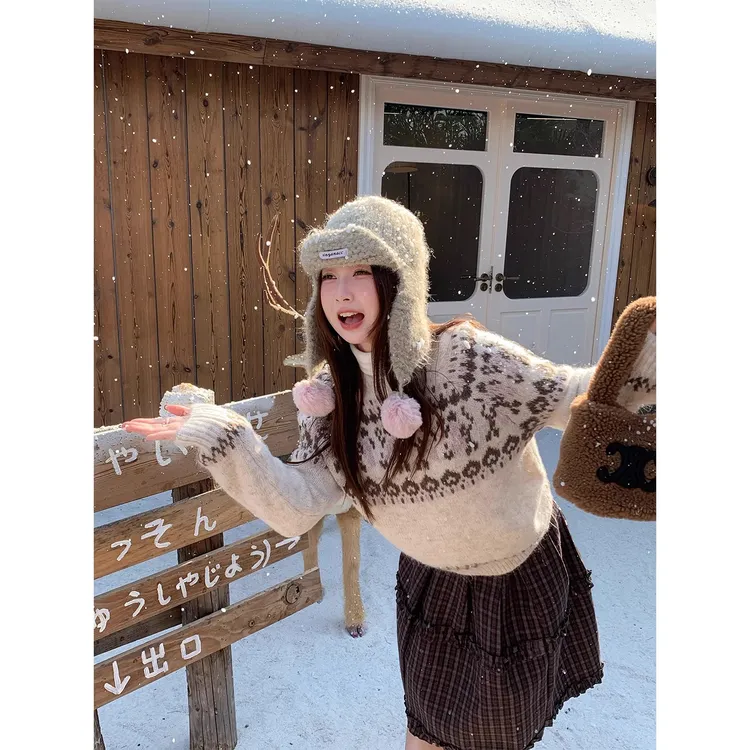 费尔岛毛衣女内搭2025新款慵懒风韩系圆领加厚羊毛混纺针织衫上衣