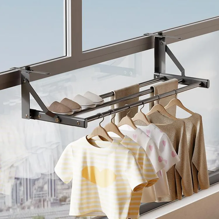 阳台晾衣杆家用可伸缩折叠置物架免打孔室内窗口防盗网通用晾晒架