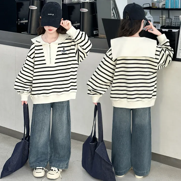女童韩版撞色套装2025春秋季新款条纹半拉链卫衣宽松阔腿裤两件套