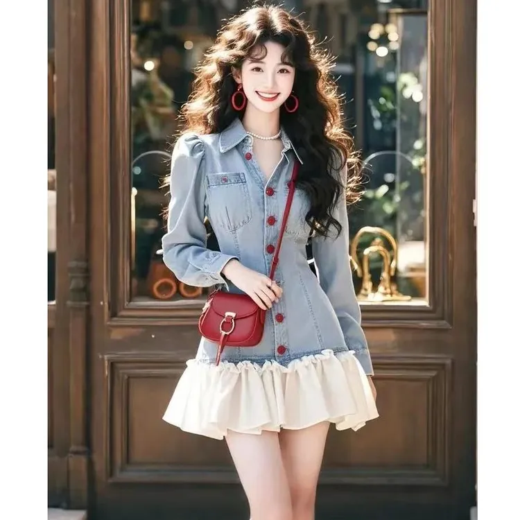 港风复古设计感拼接牛仔连衣裙女2025春季新款修身收腰显瘦短裙子