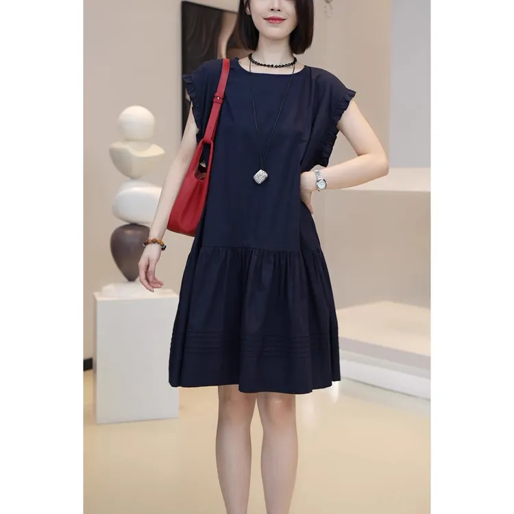 大码宽松气质长裙夏季新款简约休闲木耳边套头外穿遮肉显瘦连衣裙