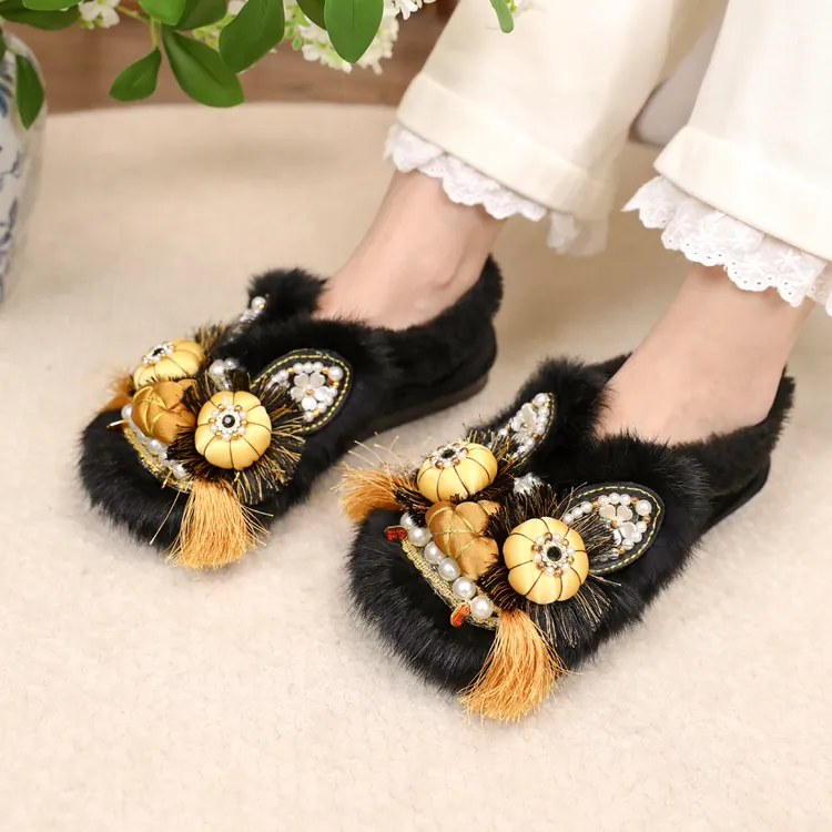 棉鞋【墨玉金霄】手工虎头鞋女成人中国传统老北京布鞋绣花冬款加绒