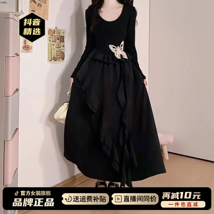 赫本风气质黑色长袖连衣裙子女2025早秋新款小个子不规则收腰长裙