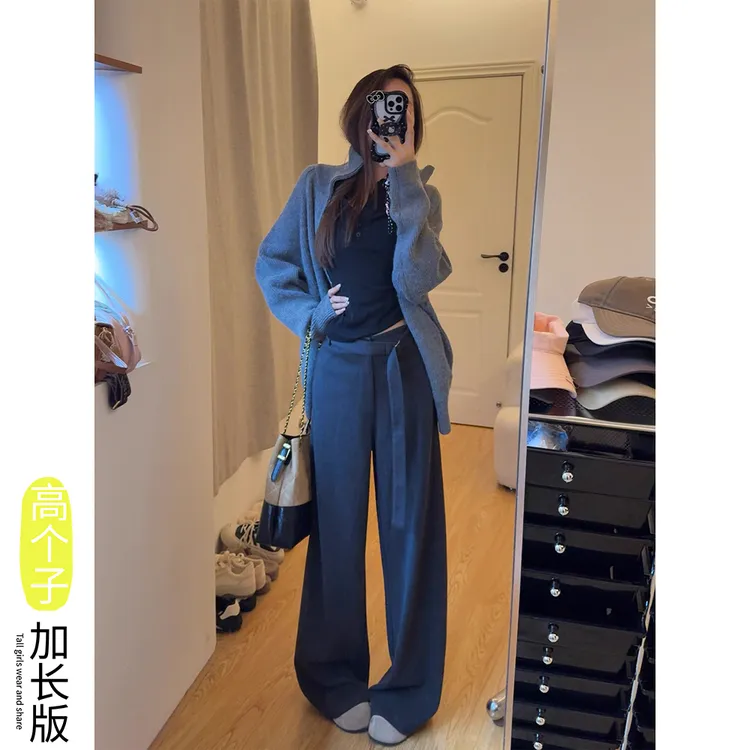 【发财专属】高个子松弛感深灰色毛呢休闲裤女秋冬阔腿遮肉百搭长裤