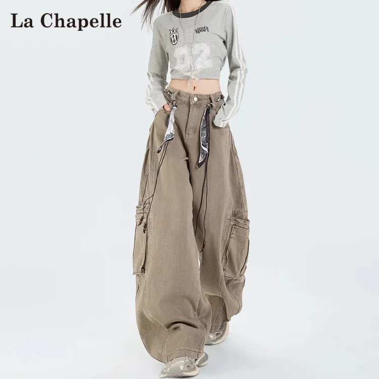 拉夏贝尔美式高街工装弯刀裤女2025新款秋季小个子宽松阔腿牛仔裤
