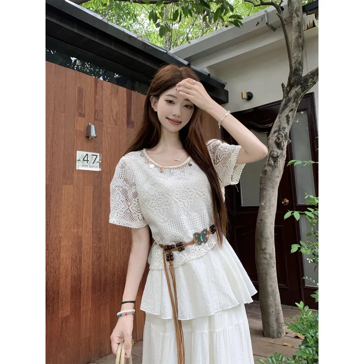 镂空防晒针织罩衫女夏新款波西米亚宽松上衣+长款蛋糕半身裙