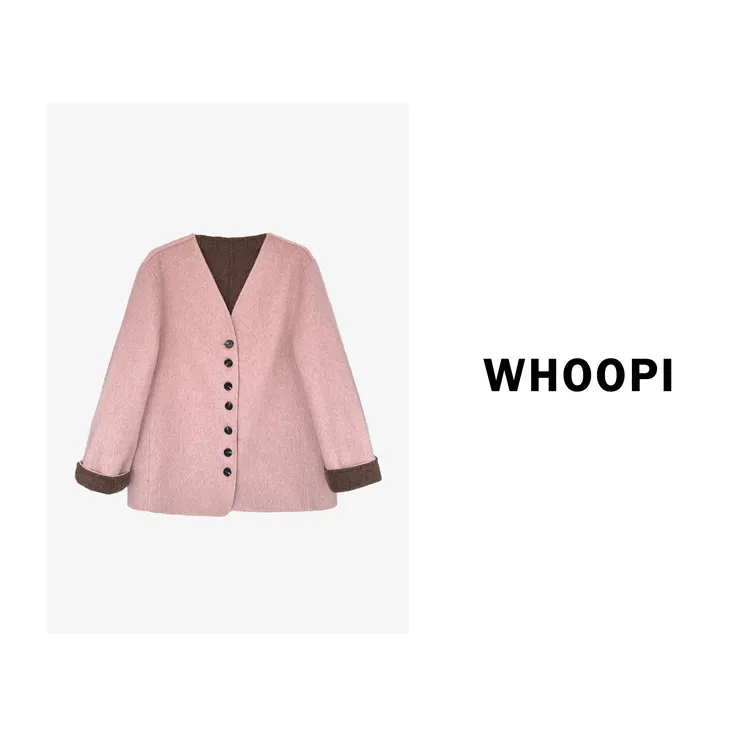 【Whoopi】【樱花拿铁】定染粉色立裁廓型羊毛无领双面呢外套大衣