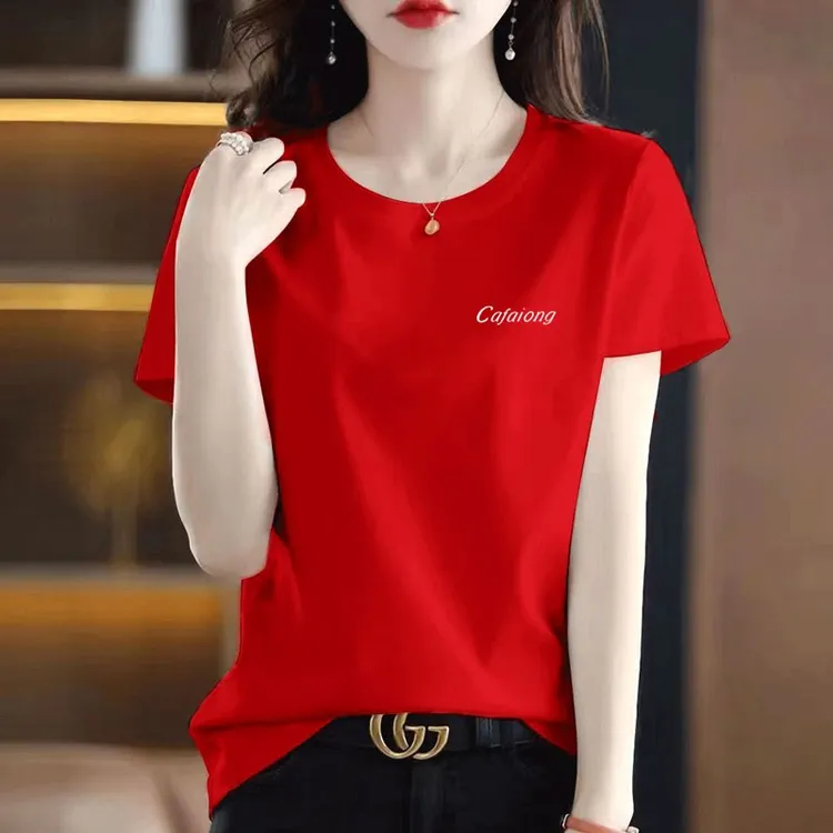 红色纯棉t恤女夏季显瘦时尚百搭宽松洋气休闲大码半袖圆领设计感