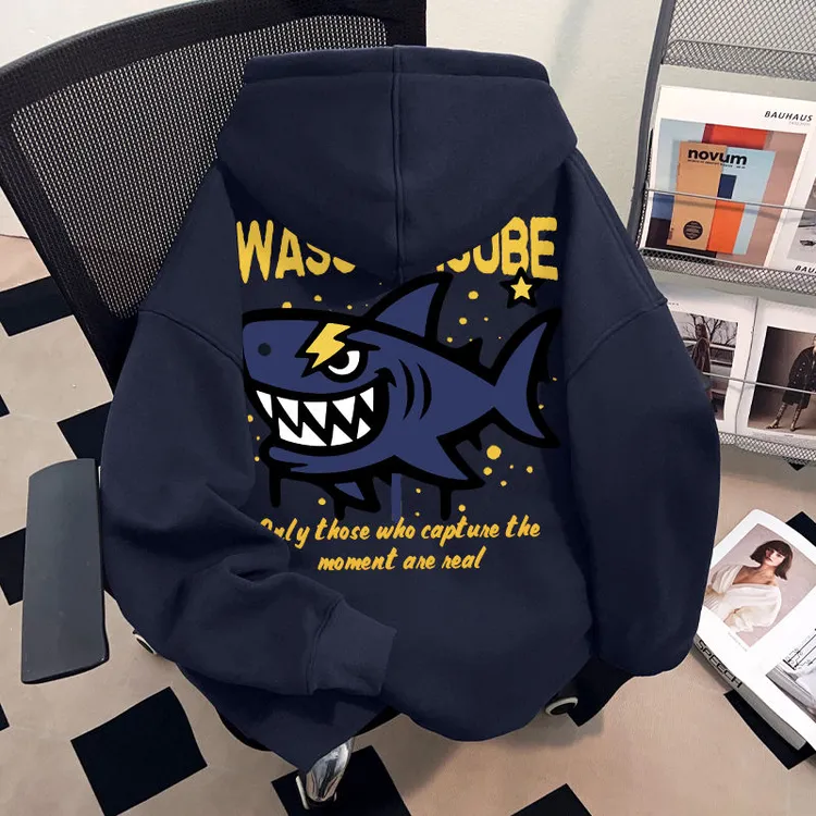 新款秋季卡通鲨鱼印花舒适开衫男女同款藏青上衣炫酷感连帽卫衣