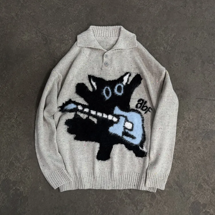 赚钱买跑车！青少年复古猫咪polo领毛衣秋冬季宽松百搭休闲针织衫