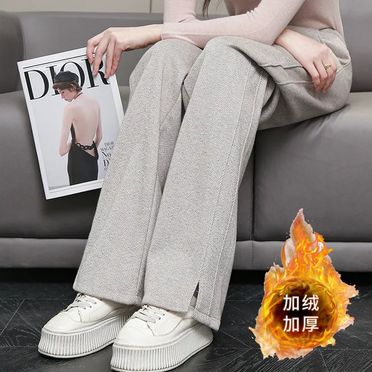 （清仓福利）人字纹毛呢开叉香蕉阔腿裤女秋冬季大码加绒宽松长裤女