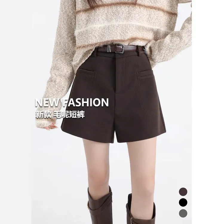 咖色毛呢短裤秋冬女a字大码高腰百搭外穿小个子五分显瘦休闲靴裤