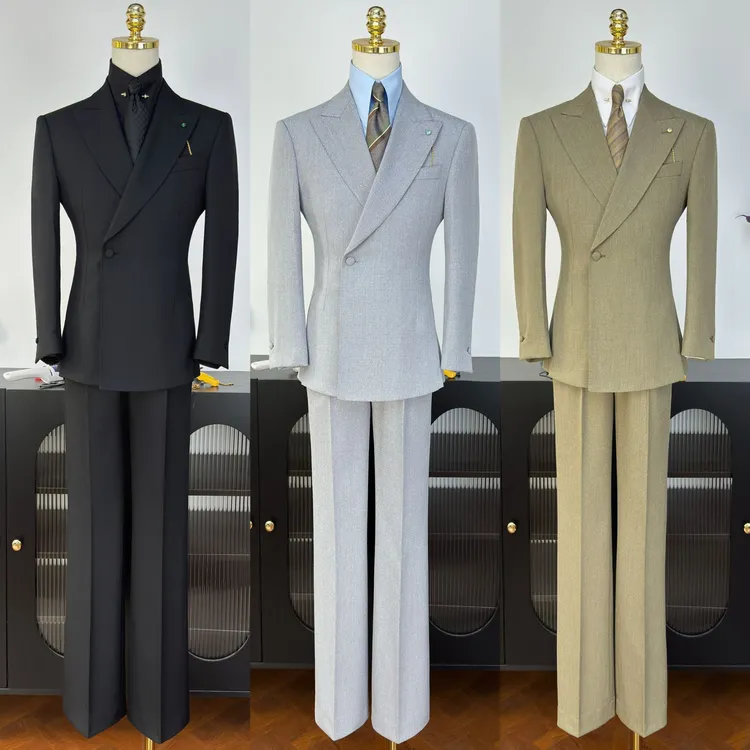 【西蒙曹】-男士侧排一扣双排扣前开叉搭抗皱显瘦微喇裤西服套装